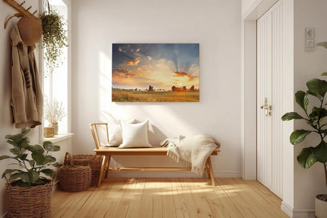 Sinus Art Wandbild 120x80cm Weite Felder im goldenen Abendlicht mit ausdrucksstarkem Himmelspanorama