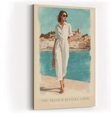 Paul Sinus Wandbild in 40x60cm Französische Riviera Frau im weißen Jumpsuit am Hafen mediterrane Eleganz auf Leinwand