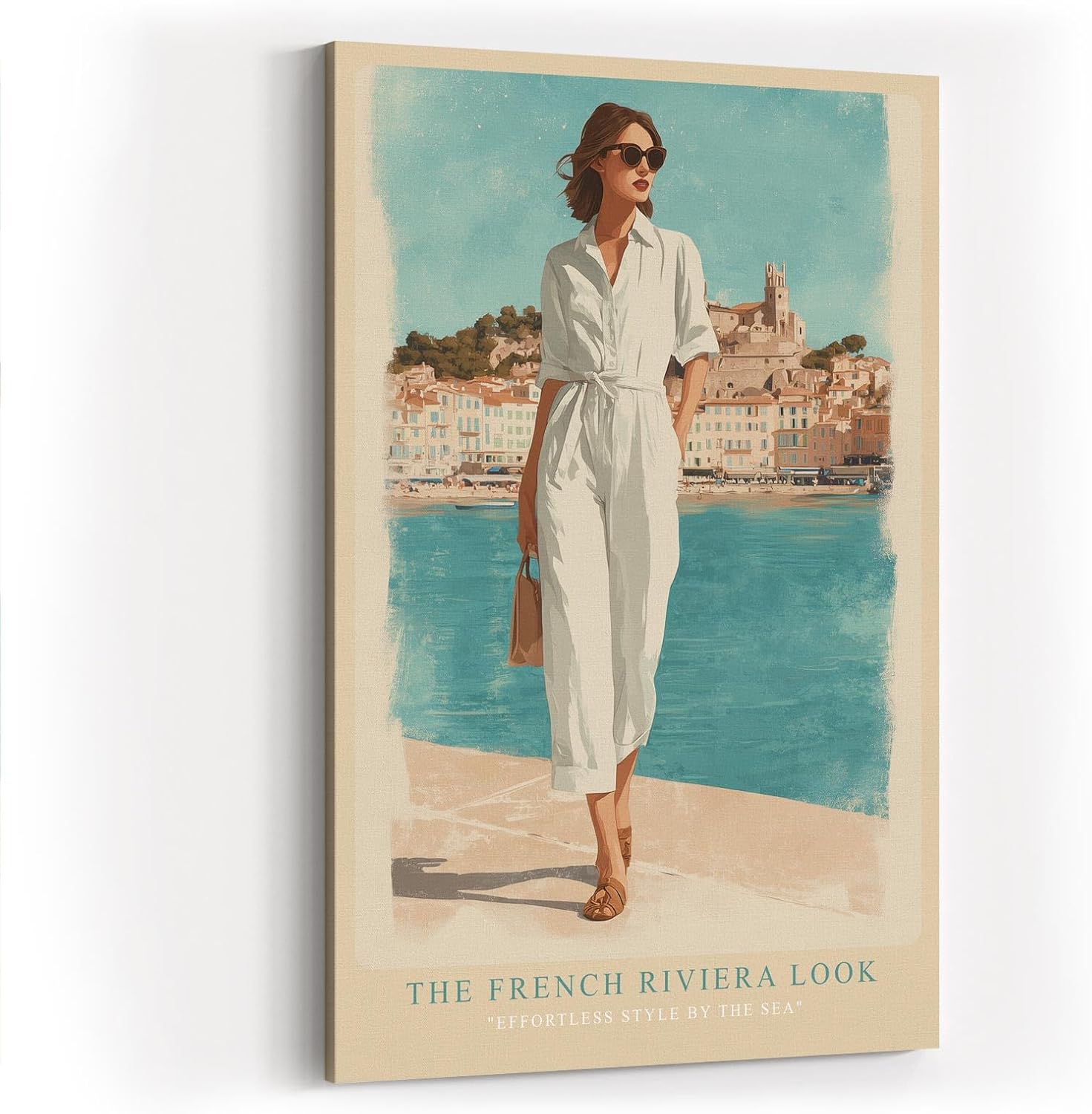 Paul Sinus Wandbild in 40x60cm Französische Riviera Frau im weißen Jumpsuit am Hafen mediterrane Eleganz auf Leinwand