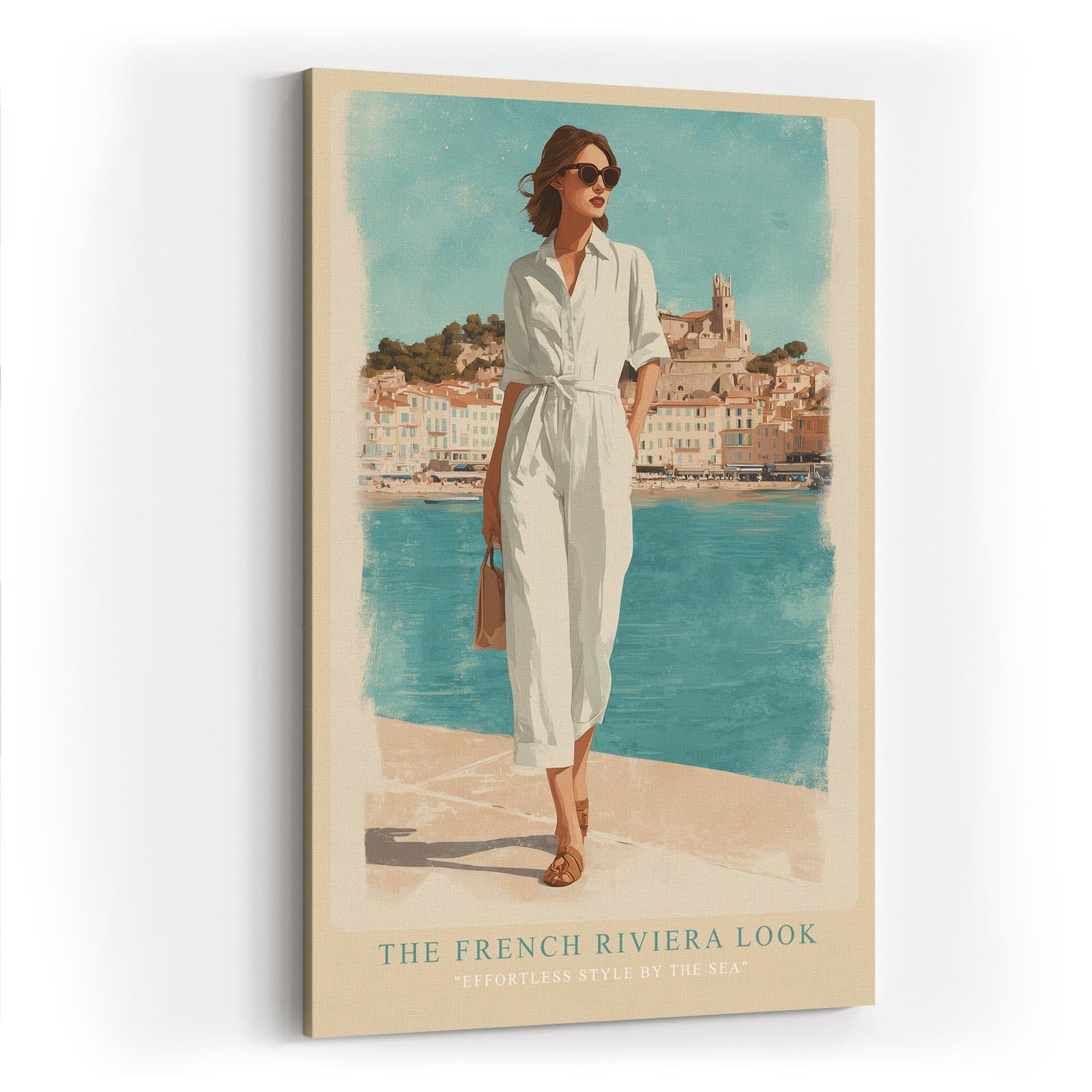 Paul Sinus Wandbild in 40x60cm Französische Riviera Frau im weißen Jumpsuit am Hafen mediterrane Eleganz auf Leinwand