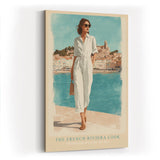 Paul Sinus Wandbild in 40x60cm Französische Riviera Frau im weißen Jumpsuit am Hafen mediterrane Eleganz auf Leinwand