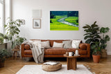 Sinus Art Wandbild 120x80cm Schmaler Fluss mit vielen Booten zwischen satten Reisfeldern in leuchtendem Grün