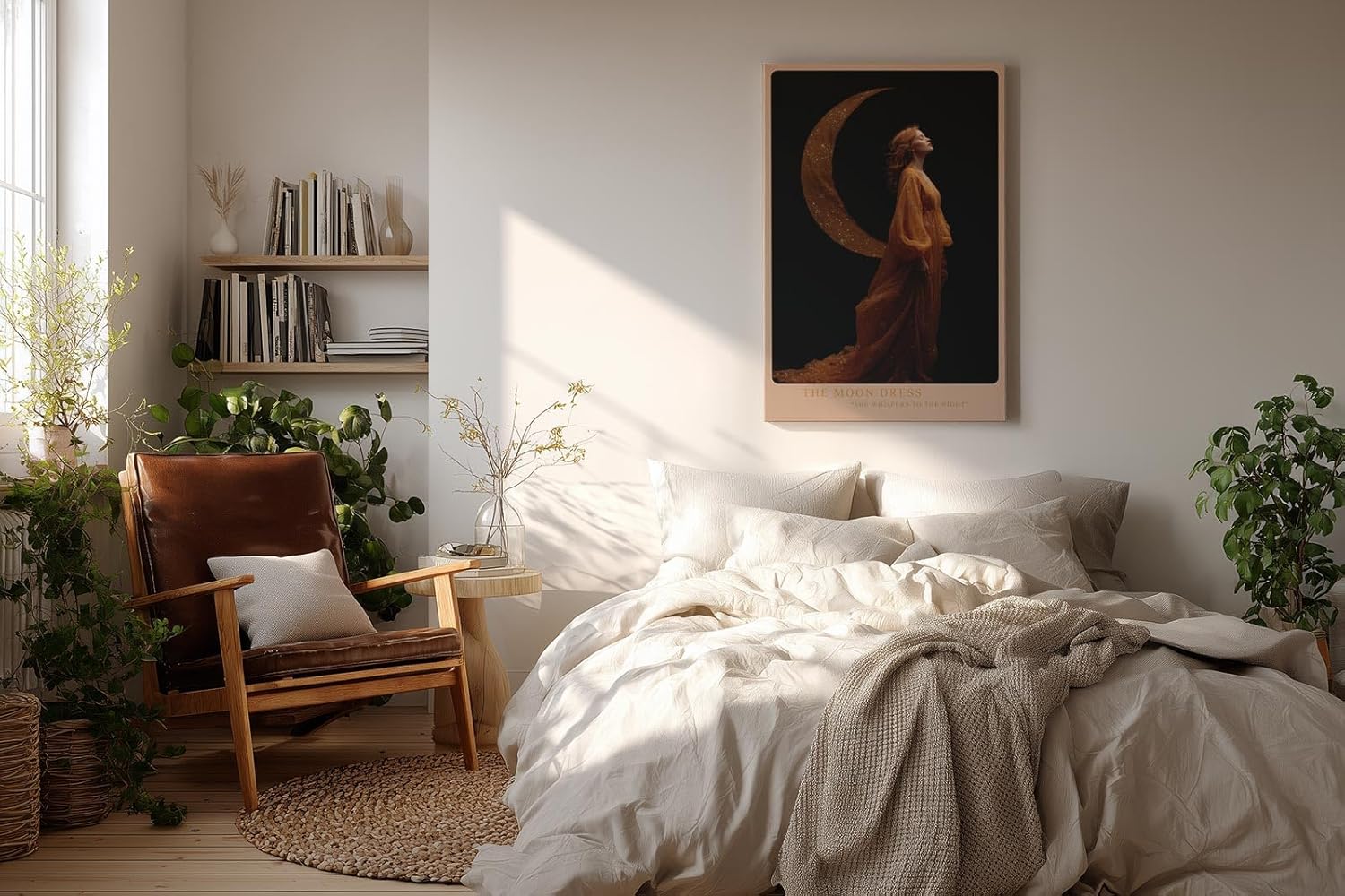 Paul Sinus Wandbild in 40x60cm The Moon Dress Elegante Frau in goldenem Kleid vor Mondsichel auf schwarzem Hintergrund
