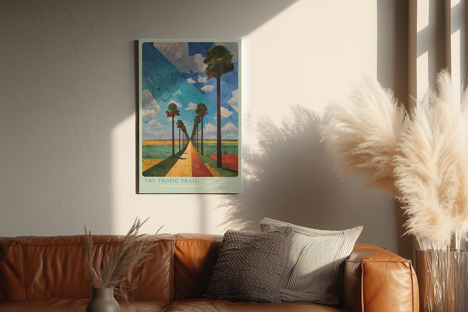 Paul Sinus Wandbild in 40x60cm The Tropic Trail mit farbintensiver Palmenallee und geometrischem Himmel für lebendige Raumgestaltung