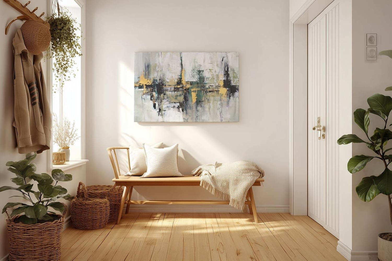 Sinus Art Wandbild 120x80cm Abstraktes Motiv mit ausdrucksstarker Linienführung in Grün Gelb Schwarz und Weiß