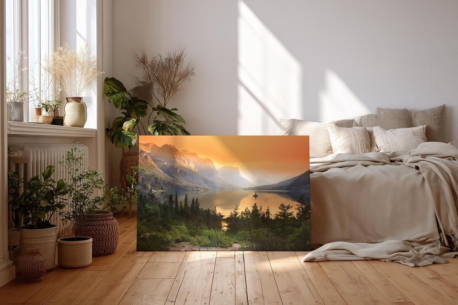 Sinus Art Wandbild 120x80cm Malerische Berglandschaft mit Sonnenuntergang und reflektierendem See