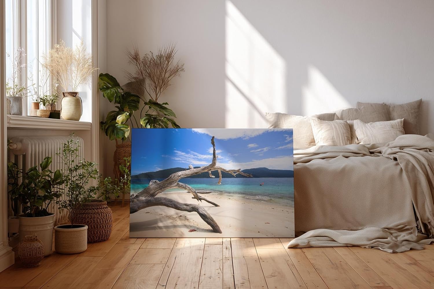 Sinus Art Wandbild 120x80cm Faszinierendes Motiv mit Treibholz am weißen Sandstrand vor türkisfarbenem Meer