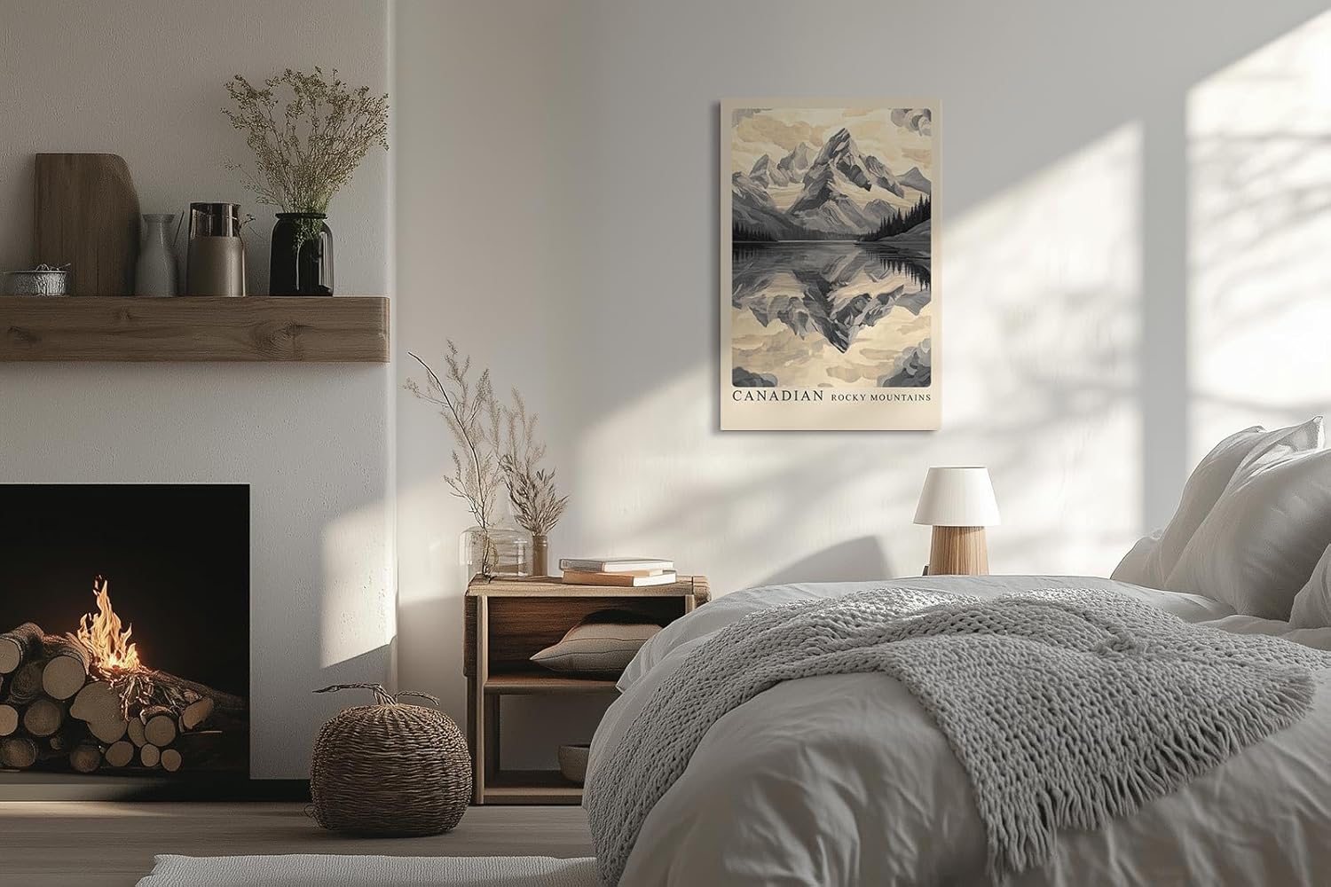 Paul Sinus Leinwandbild 80x120cm Kanadische Bergwelt – Majestätische Rocky Mountains mit spiegelndem Bergsee in stilisierter monochromer Optik
