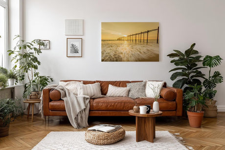 Sinus Art Wandbild 120x80cm Stimmungsvolle Aufnahme eines alten Holzstegs im goldenen Sonnenlicht auf offener See