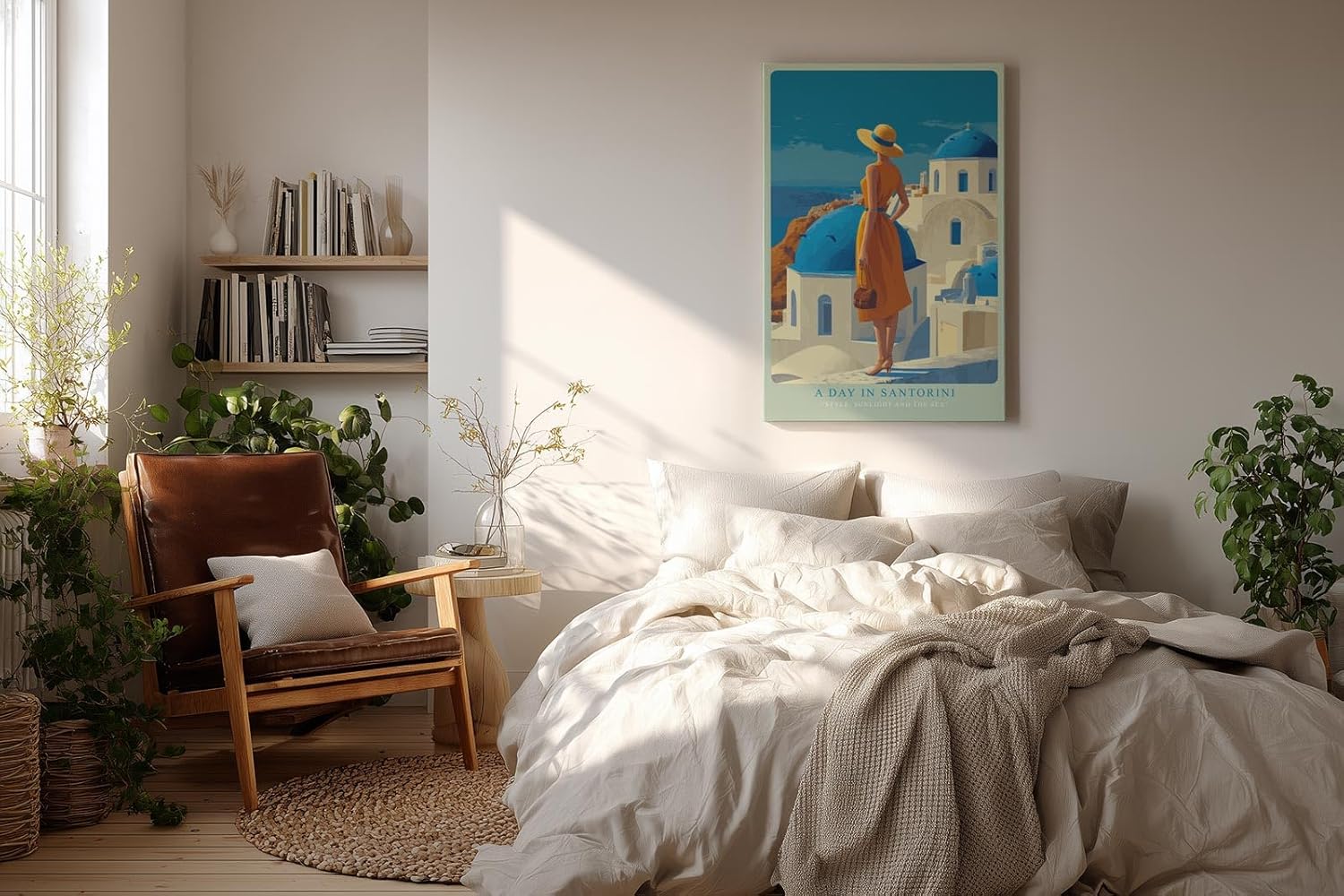 Paul Sinus Wandbild in 40x60cm A Day in Santorini – Frau in orangefarbenem Kleid mit Strohhut vor blau-weißen Kuppeln, sonnige Mittelmeerstimmung