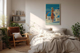 Paul Sinus Wandbild in 40x60cm A Day in Santorini – Frau in orangefarbenem Kleid mit Strohhut vor blau-weißen Kuppeln, sonnige Mittelmeerstimmung