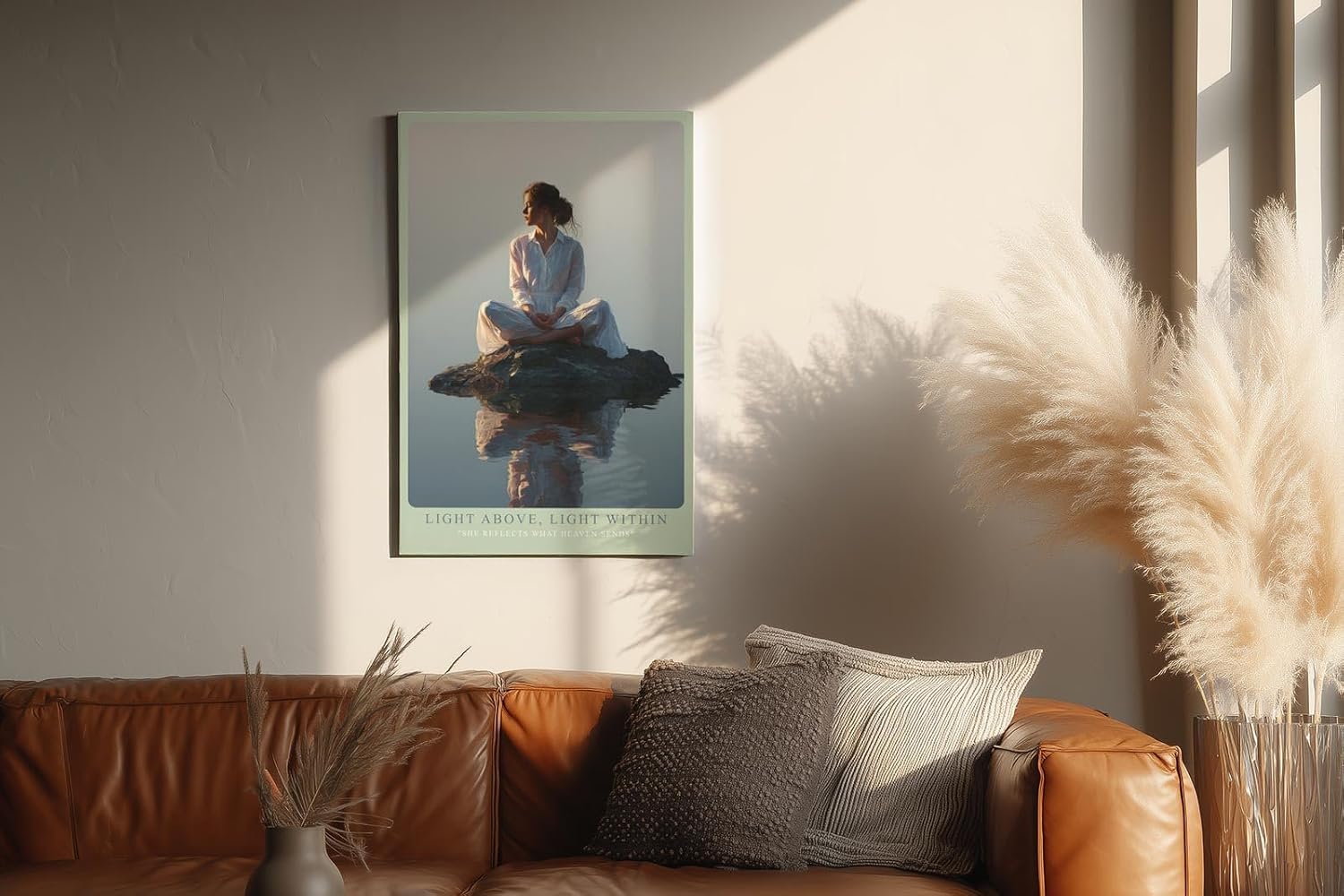 Paul Sinus Wandbild in 40x60cm Light Above, Light Within – Meditatives Porträt einer Frau in weißem Gewand, sitzend auf einem Felsen im stillen Wasser bei Sonnenaufgang