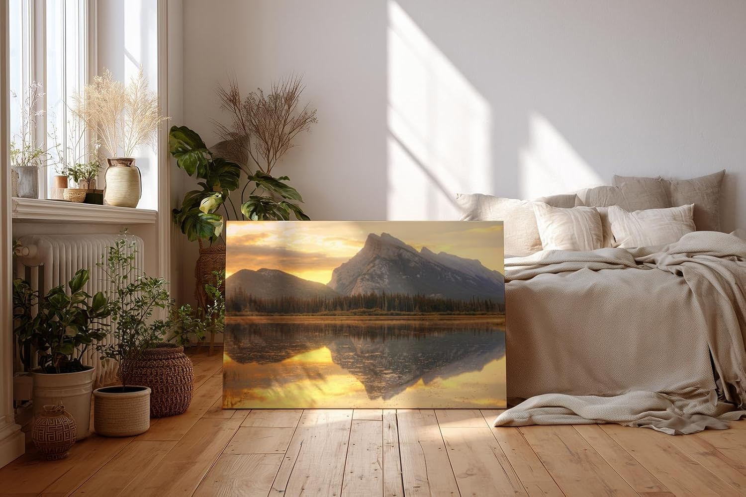 Sinus Art Wandbild 120x80cm Bergmassiv spiegelt sich im ruhigen See – warm, still und kraftvoll zugleich