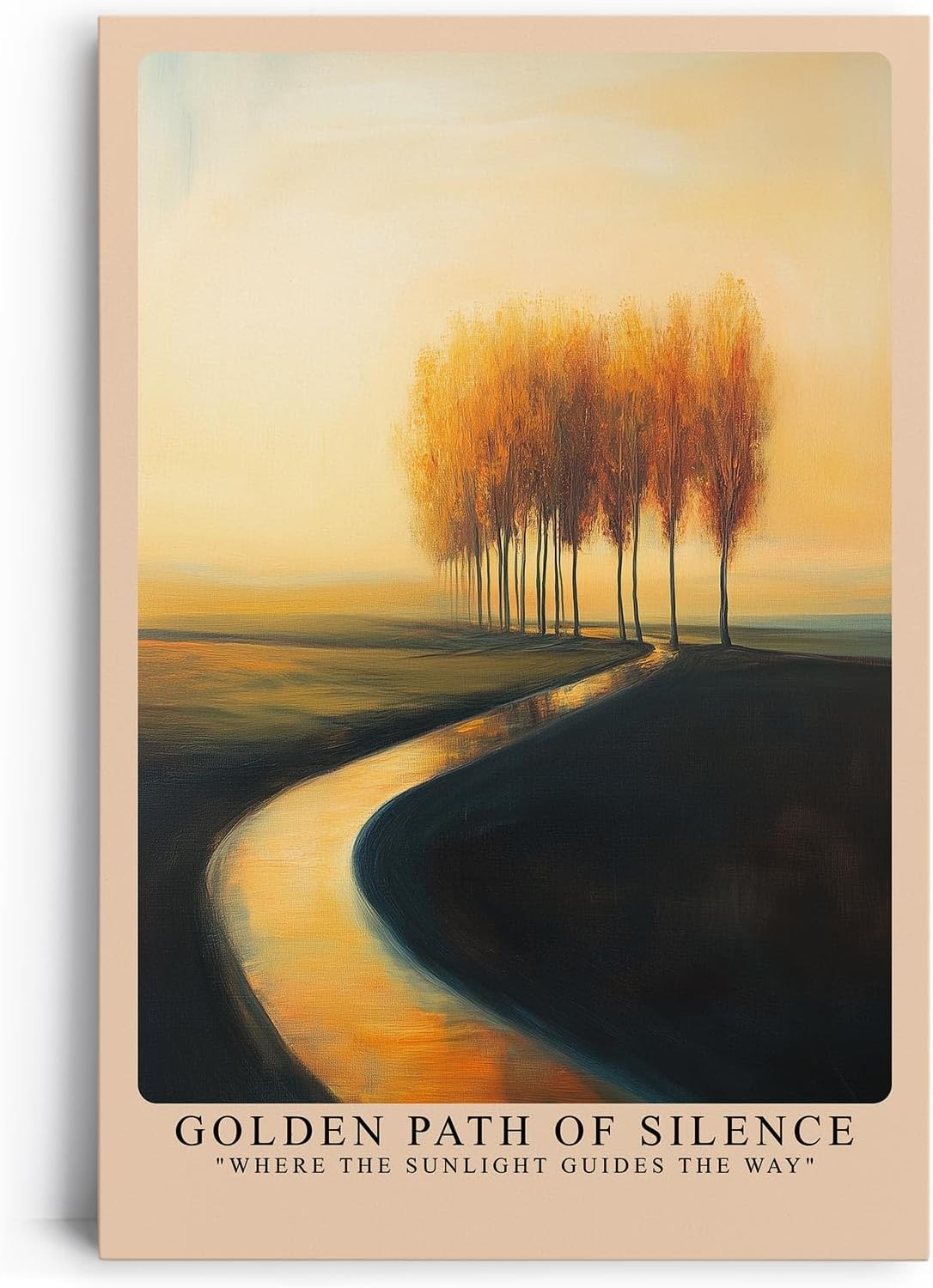 Paul Sinus Leinwandbild 60x90cm Golden Path of Silence – Mystischer Sonnenweg mit goldenen Herbstbäumen in sanftem Licht