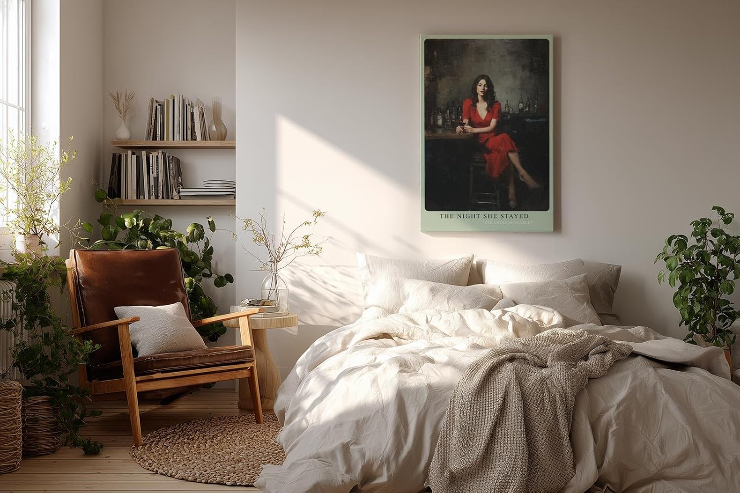 Paul Sinus Wandbild in 40x60cm The Night She Stayed Frau im roten Kleid in Bar-Szene mit Glas Wein in atmosphärischem Ölmalstil