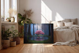 Sinus Art Wandbild 120x80cm Blühender Kirschbaum am Wasser im Mondlicht zwischen dunklen Bäumen für magische Wirkung