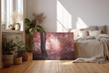 Sinus Art Wandbild 120x80cm Roter Herbstwald mit dichter Vegetation und nebligem Licht – geheimnisvoll und bezaubernd
