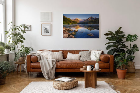 Sinus Art Wandbild 120x80cm Faszinierende Berglandschaft mit ruhigem See und perfekter Spiegelung für harmonische Raumwirkung
