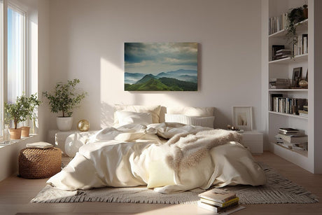 Sinus Art Wandbild 120x80cm Weite grüne Hügel und Berge unter wolkenverhangenem Himmel mit Lichteinfall