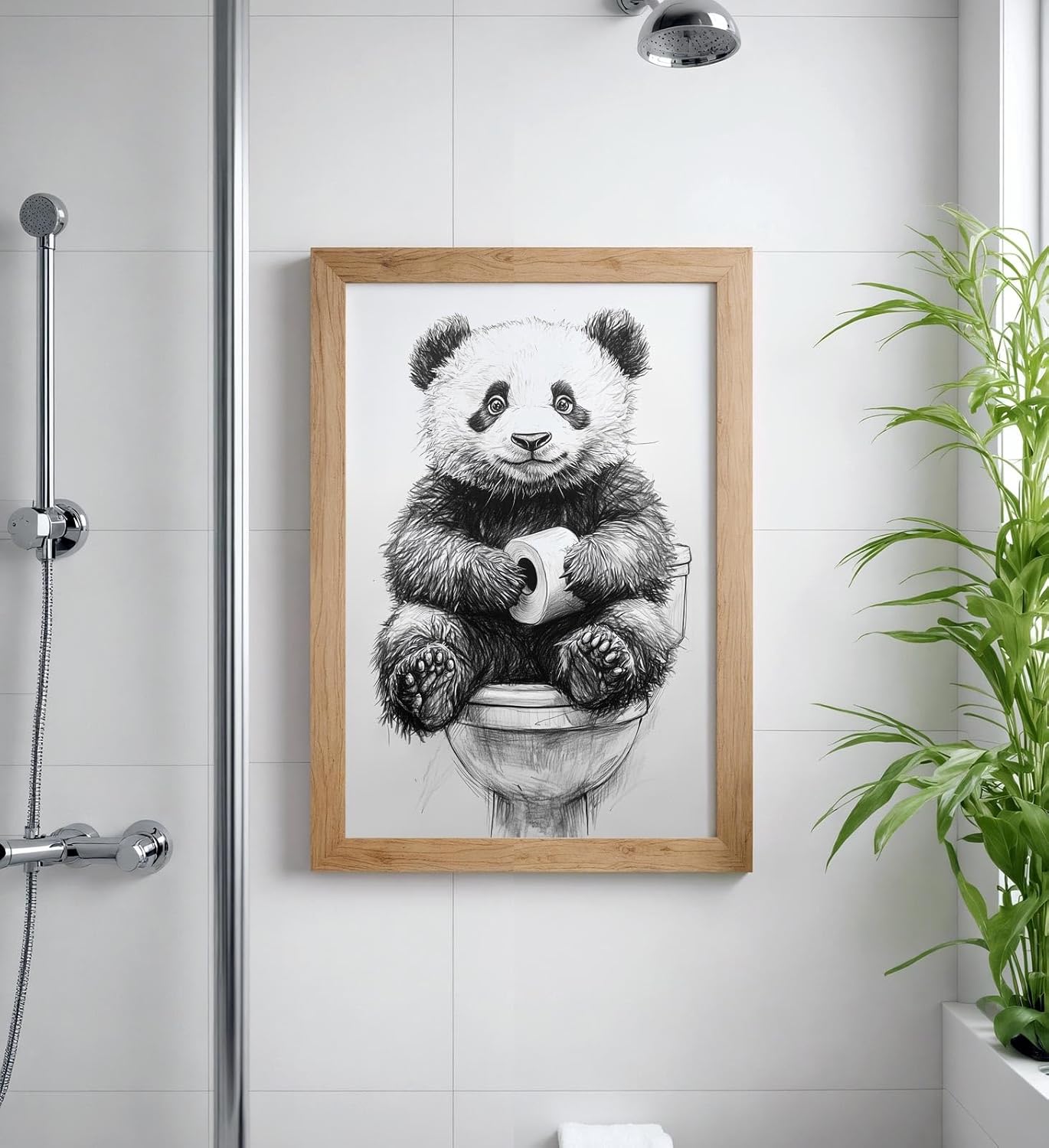Paul Sinus Poster/Leinwandbild/Rahmenoption – Süßer Panda auf Toilette – Lustige WC-Deko für dein Badezimmer