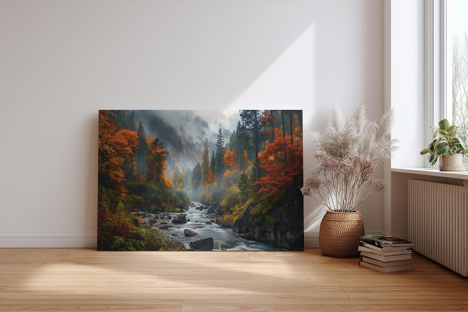 Sinus Art Wandbild 120x80cm Stimmungsvolles Naturmotiv mit fließendem Bach im nebelverhangenen Herbstwald – lebendig und tiefgründig