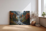 Sinus Art Wandbild 120x80cm Stimmungsvolles Naturmotiv mit fließendem Bach im nebelverhangenen Herbstwald – lebendig und tiefgründig