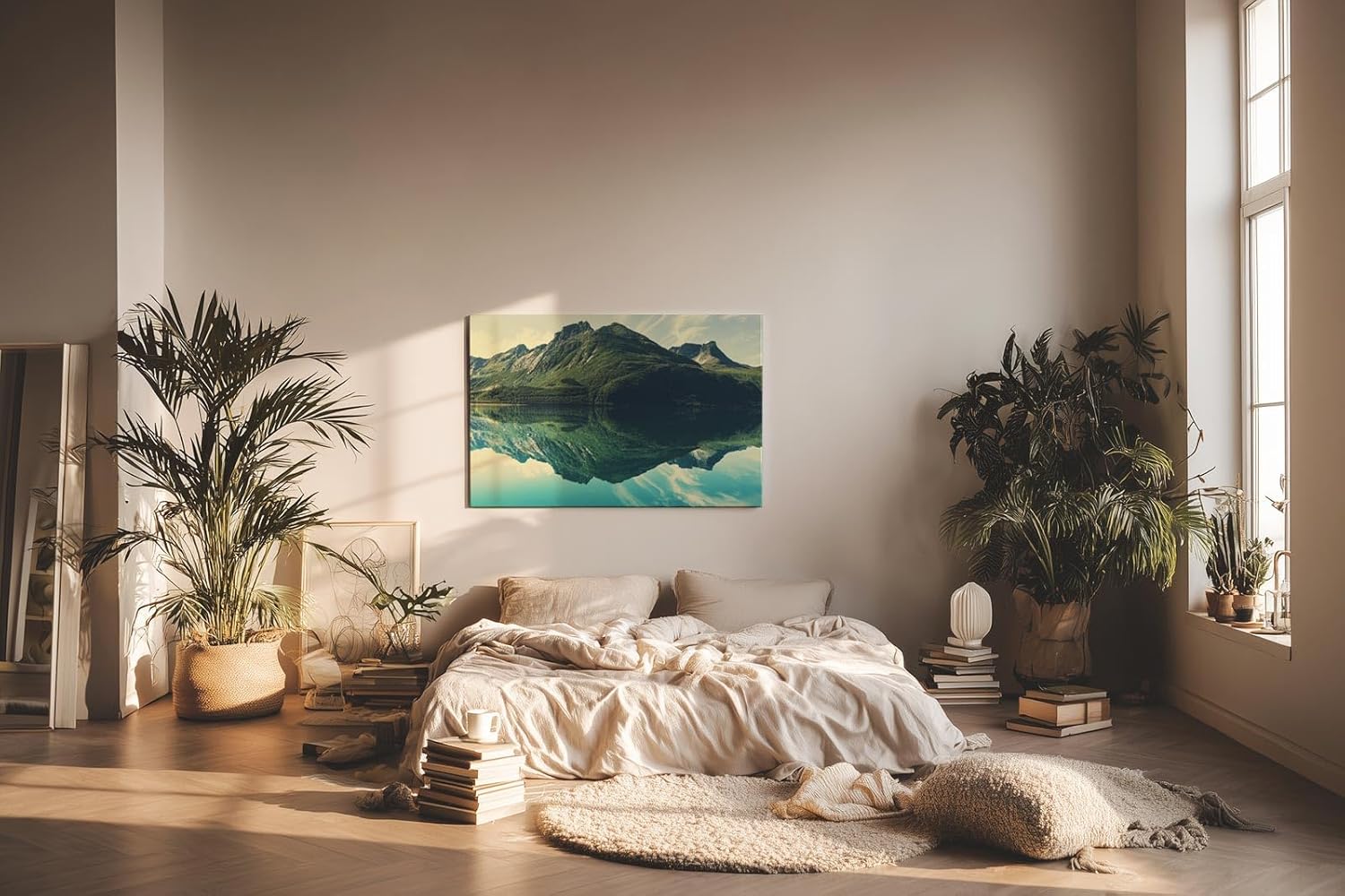 Sinus Art Wandbild 120x80cm Faszinierende Bergspiegelung mit beeindruckender Symmetrie für harmonisches Raumgefühl