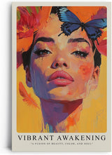 Paul Sinus Leinwandbild 40x60cm Leinwandbild Leuchtendes Erwachen – Ausdrucksstarkes Porträt mit intensiven Farben, Schmetterlingen und floralen Akzenten