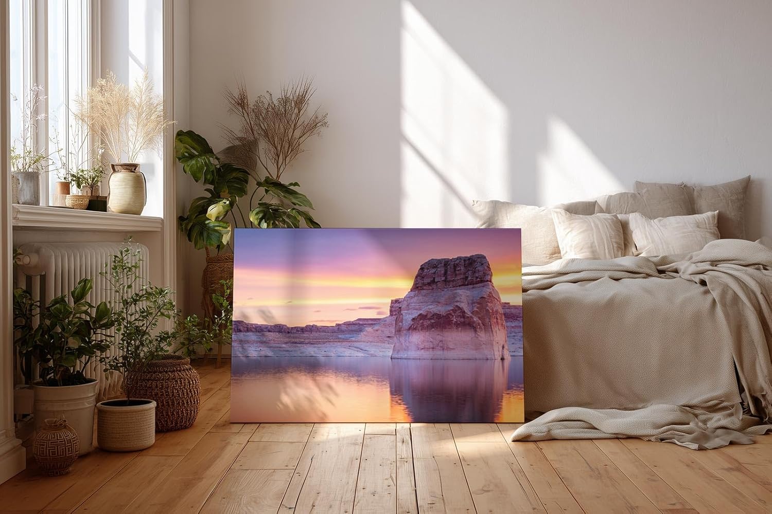 Sinus Art Wandbild 120x80cm Monolithische Felsformation spiegelt sich im ruhigen See unter farbigem Abendhimmel