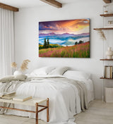 Paul Sinus Wandbild 120x80cm Bergtal Berge Berglandschaft Nebel Natur Blumenwiese