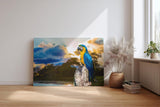 Sinus Art Wandbild 120x80cm Farbenfroher Ara auf Baumstamm mit stimmungsvoller Himmelsszenerie in der Natur