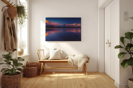 Sinus Art Wandbild 120x80cm Spektakuläre Alpenkulisse mit reflektierendem Wasser und leuchtenden Bergspitzen