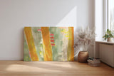 Sinus Art Wandbild 120x80cm Gelb-orange vertikale Pinselstriche auf grünlichem Grund mit leuchtenden Akzenten