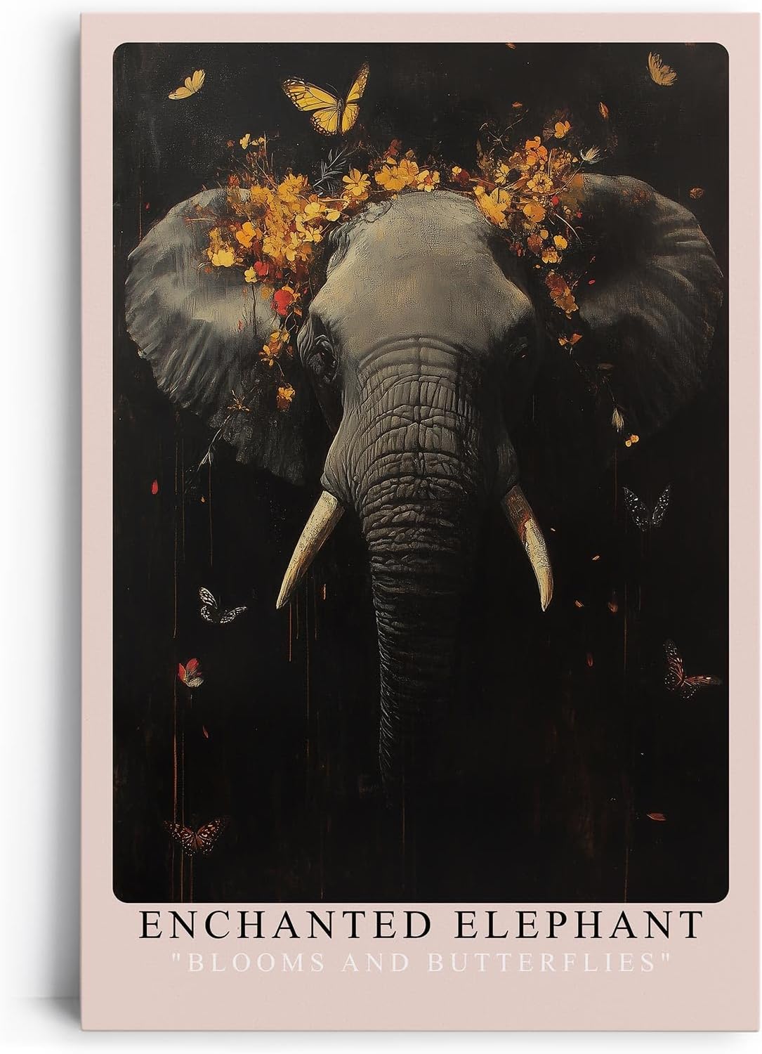 Paul Sinus Leinwandbild 60x90cm mystischer Elefant mit floraler Krone und Schmetterlingen, ausdrucksstarke Wandkunst in dunklen Tönen