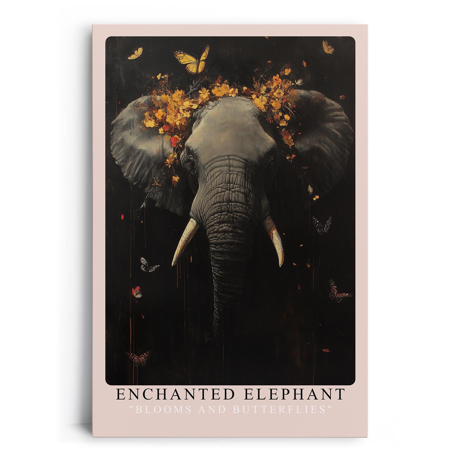 Paul Sinus Leinwandbild 60x90cm mystischer Elefant mit floraler Krone und Schmetterlingen, ausdrucksstarke Wandkunst in dunklen Tönen