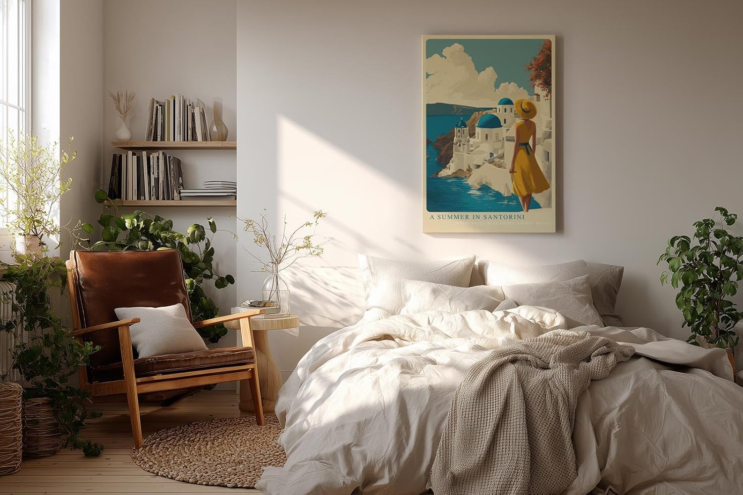 Paul Sinus Wandbild in 40x60cm A Summer in Santorini – Frau im gelben Kleid vor weiß-blauen Kuppeln und Meerblick, mediterranes Urlaubsflair
