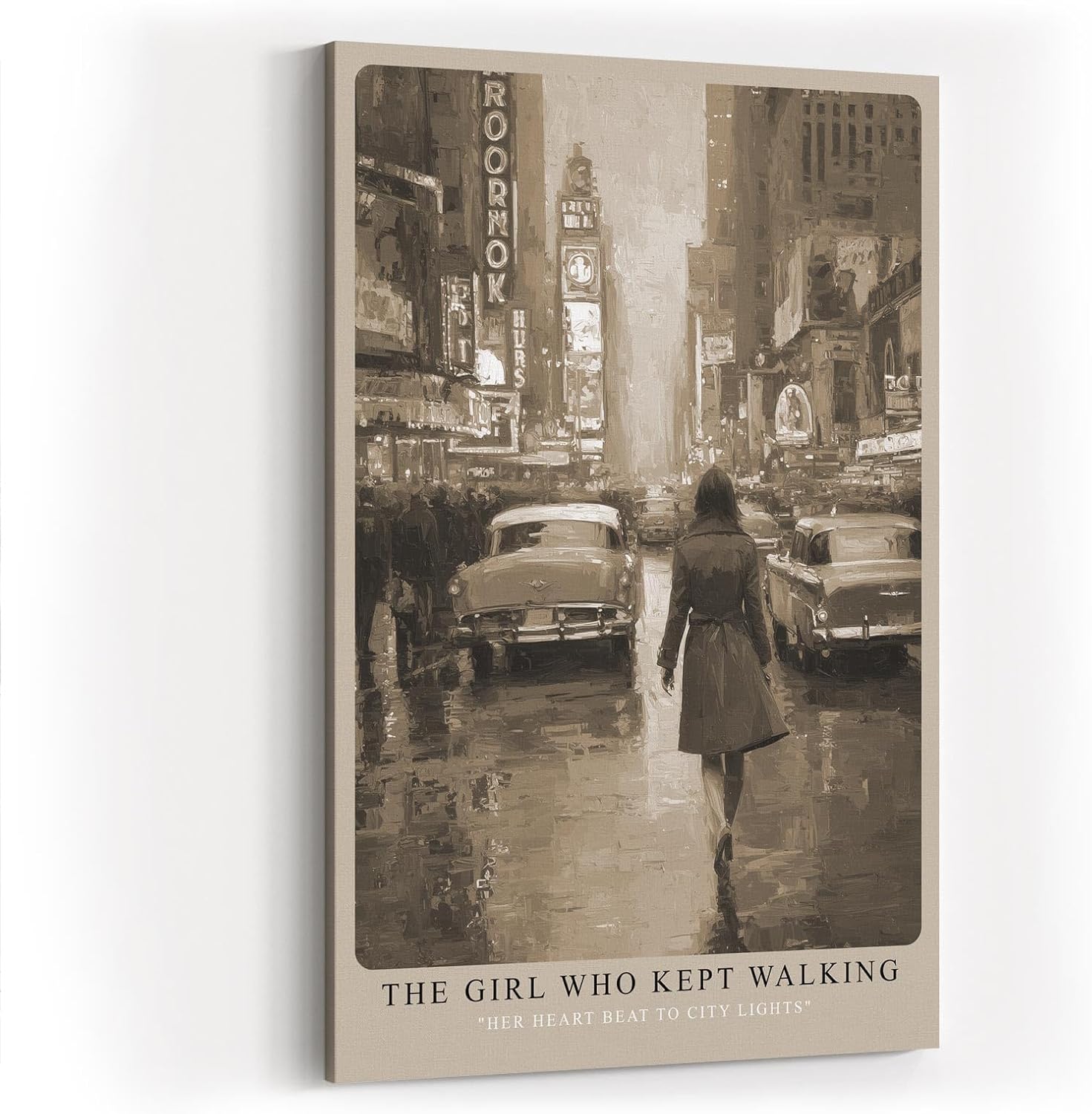 Paul Sinus Wandbild in 40x60cm The Girl Who Kept Walking Retro City Street Scene in Sepia with Vintage Cars and Rainy Atmosphere