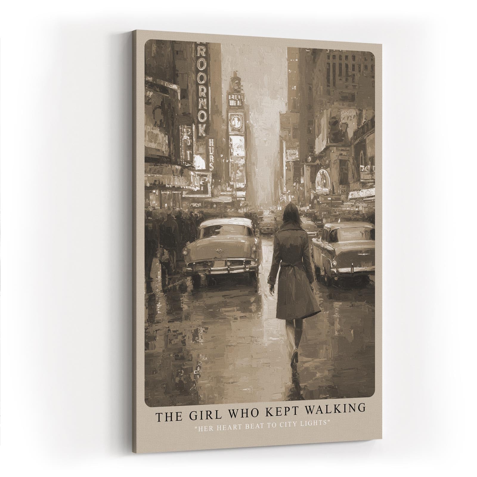 Paul Sinus Wandbild in 40x60cm The Girl Who Kept Walking Retro City Street Scene in Sepia with Vintage Cars and Rainy Atmosphere