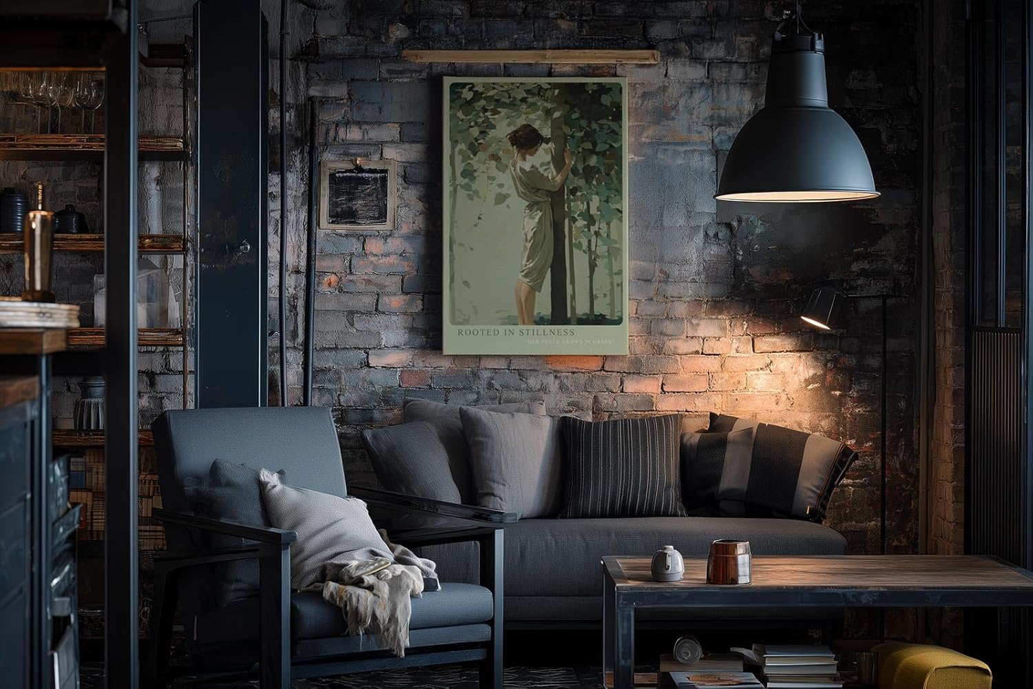 Paul Sinus Wandbild in 40x60cm Rooted in Stillness – Sanftes Porträt einer Frau, die inmitten grüner Blätter einen Baum umarmt, moderne Bilder in beruhigenden Naturtönen