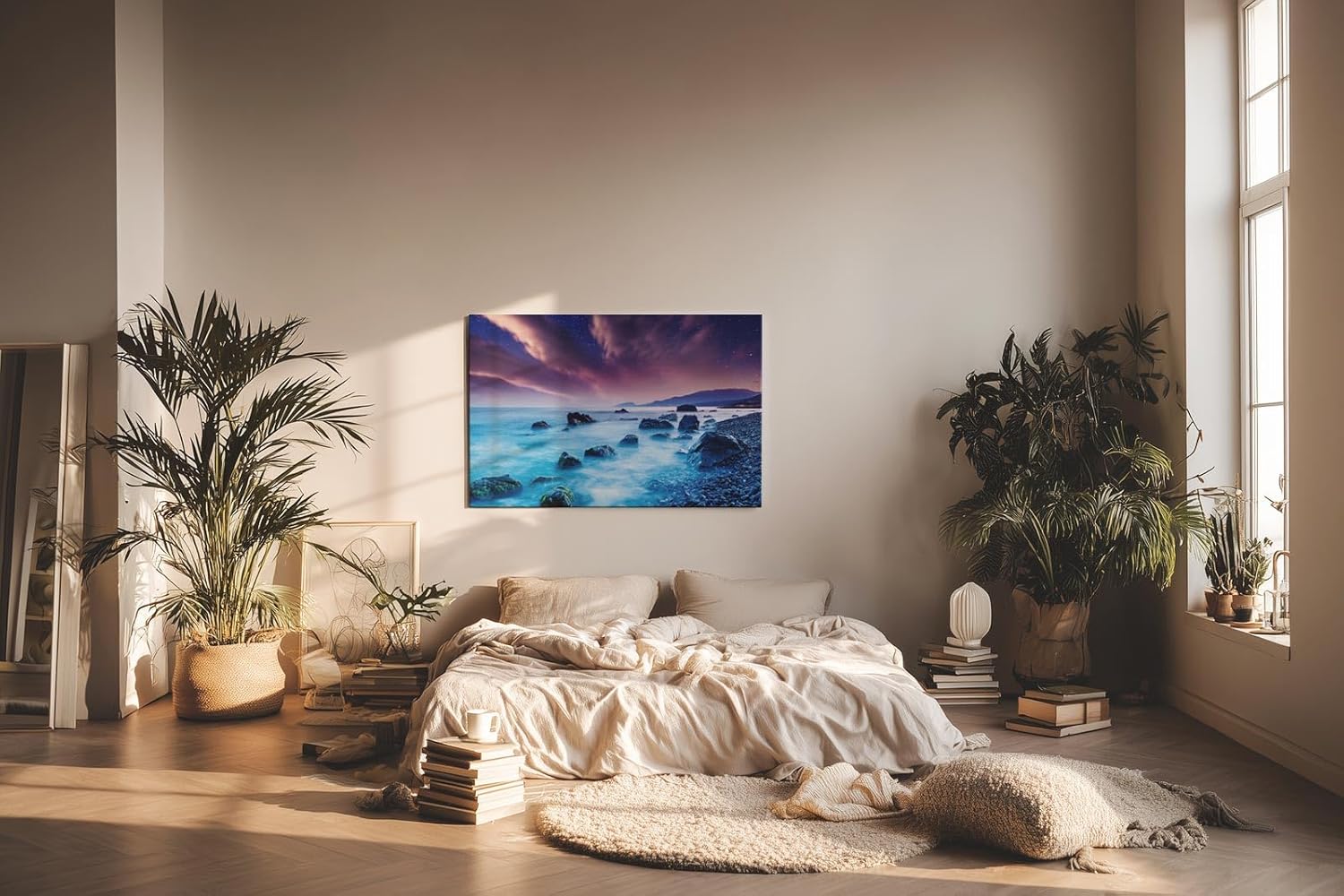 Sinus Art Wandbild 120x80cm Mystische Felsenküste bei Nacht unter violettem Himmel mit leuchtendem Wasser