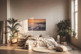 Sinus Art Wandbild 120x80cm Vernebelte Felsküste mit warmem Sonnenlicht – beruhigend und ästhetisch