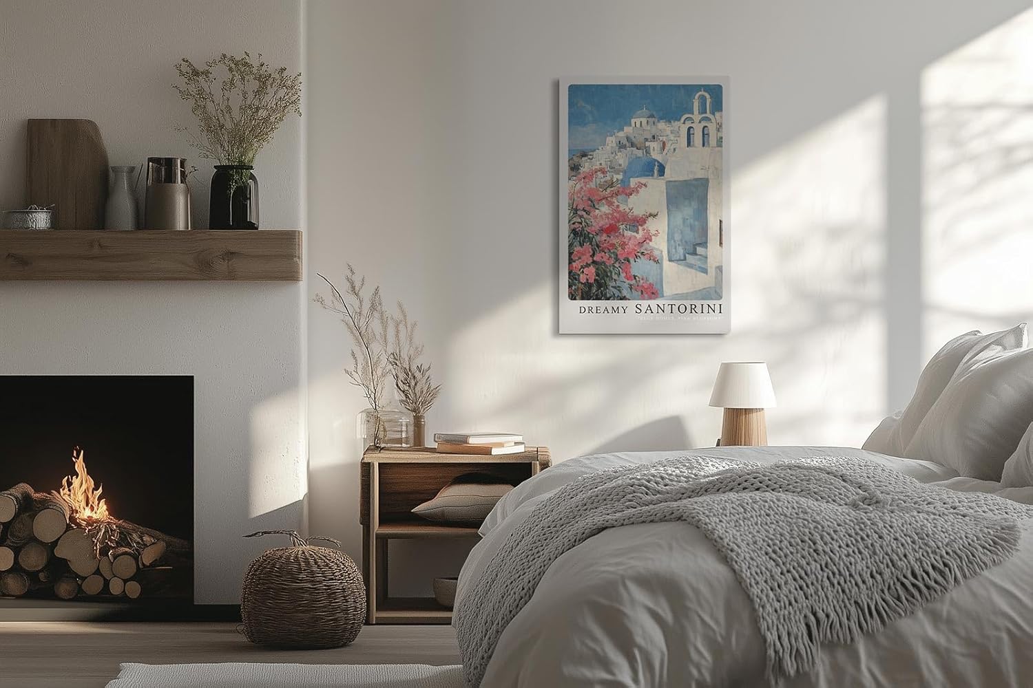 Paul Sinus Leinwandbild 60x90cm Traumhaftes Santorini – Weiß-blaue Architektur mit rosa Blüten und mediterraner Leichtigkeit