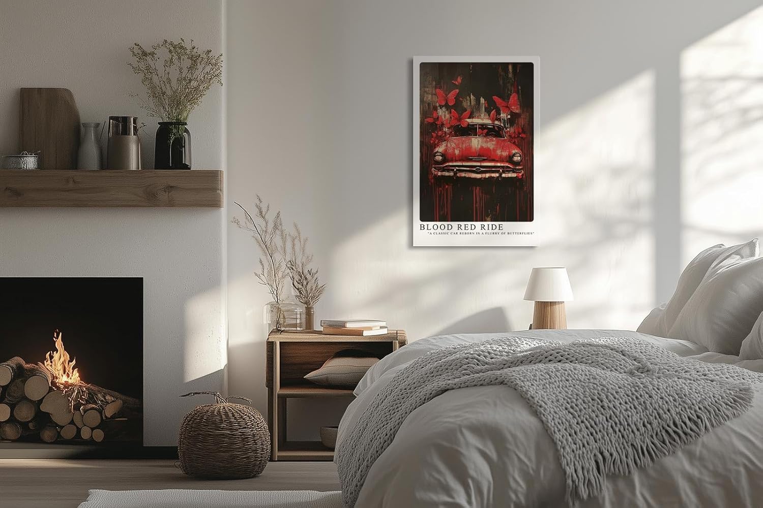 Paul Sinus Leinwandbild 40x60cm Blood Red Ride – Ausdrucksstarke Komposition aus klassischem Auto, roten Schmetterlingen und dynamischer Farbexplosion