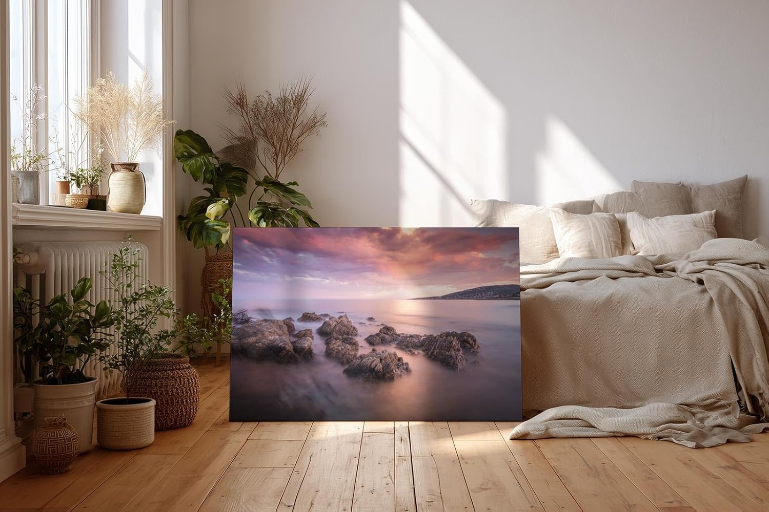 Sinus Art Wandbild 120x80cm Sanfte Wellen, Felsen im Wasser und ein farbintensiver Abendhimmel schaffen Harmonie und Weite