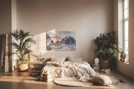 Sinus Art Wandbild 120x80cm Imposante Schneelandschaft mit Sonnenlicht auf Gipfeln für klare und ruhige Raumwirkung