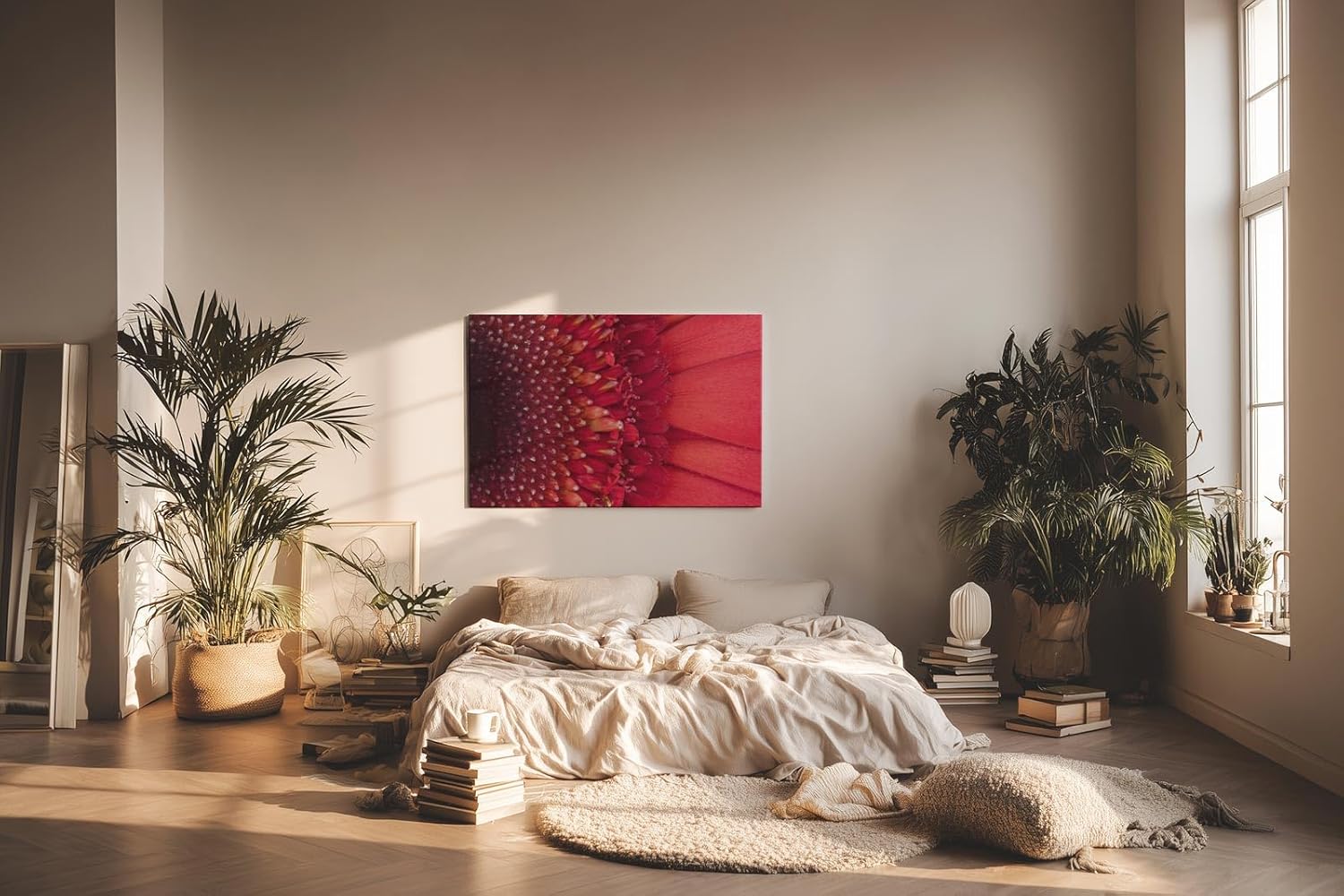 Sinus Art Wandbild 120x80cm Faszinierende Nahaufnahme einer roten Blüte mit klar erkennbarer Struktur und Tiefenwirkung
