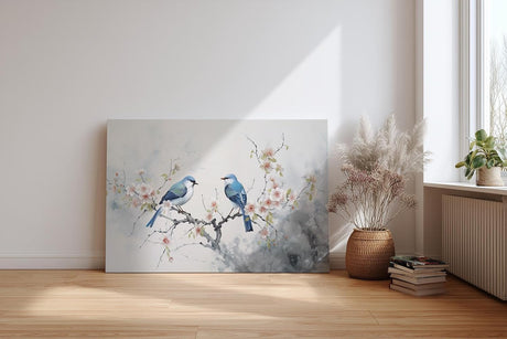 Sinus Art Wandbild 120x80cm Detailreiches Naturmotiv mit zwei blauen Vögeln auf blühendem Ast – filigran und stimmungsvoll gestaltet