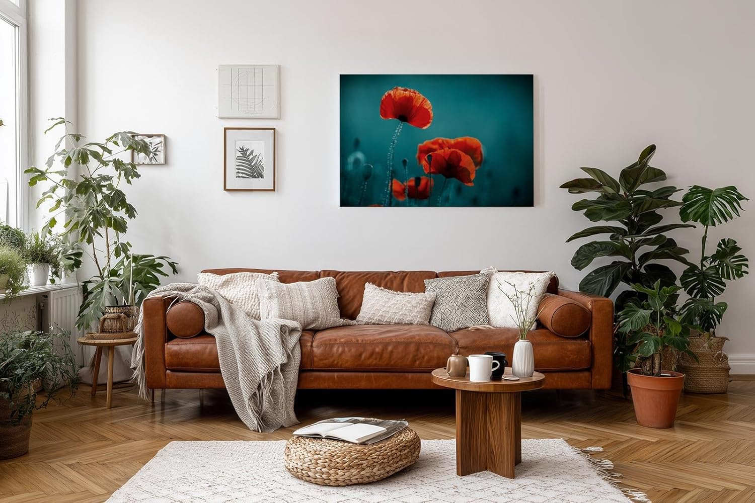 Sinus Art Wandbild 120x80cm Leuchtende Mohnblüten heben sich kontrastreich vom dunklen Hintergrund ab