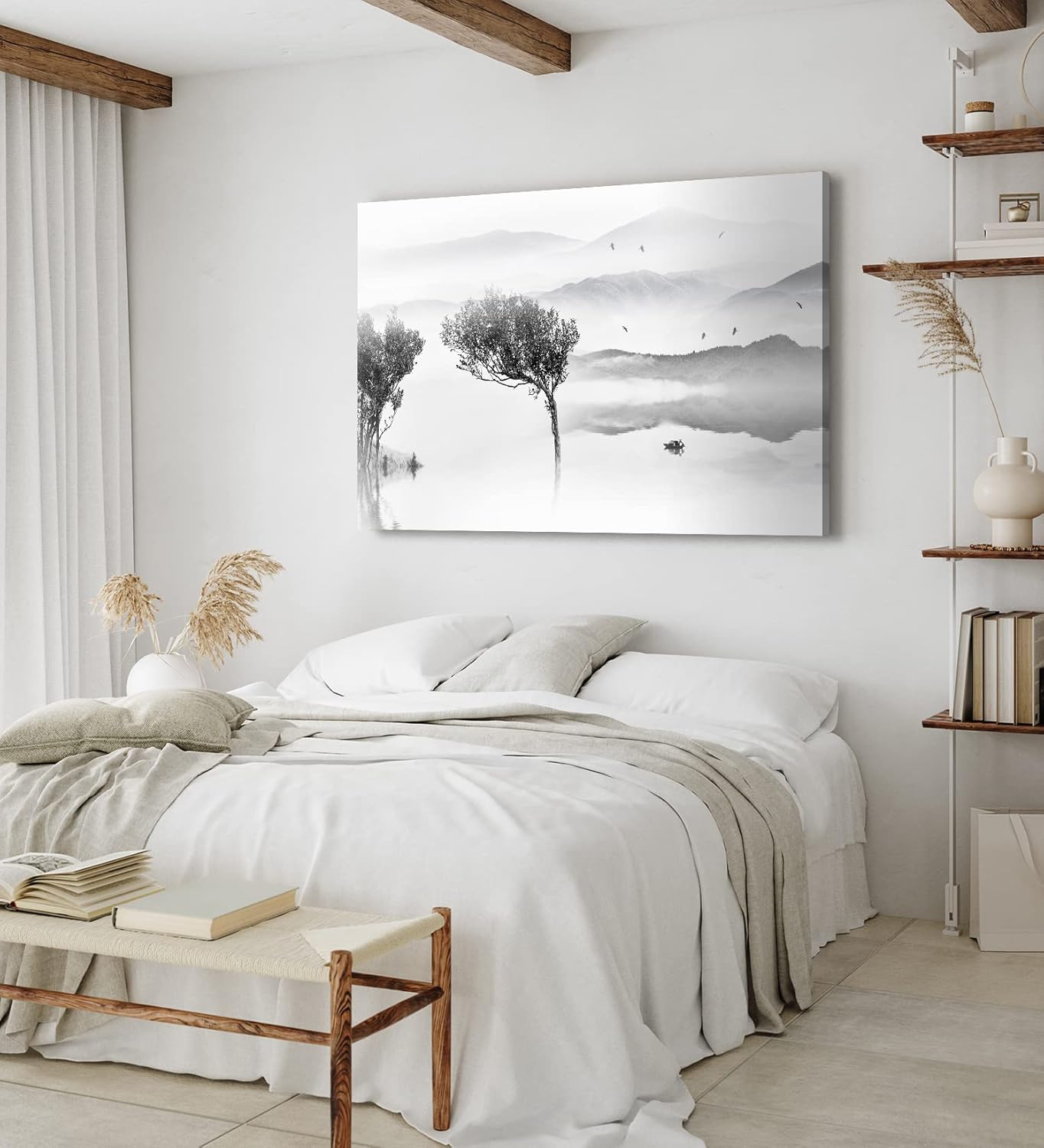Paul Sinus Wandbild 120x80cm Berge See Fischerboot Schwarz Weiß Baum Kunstvoll