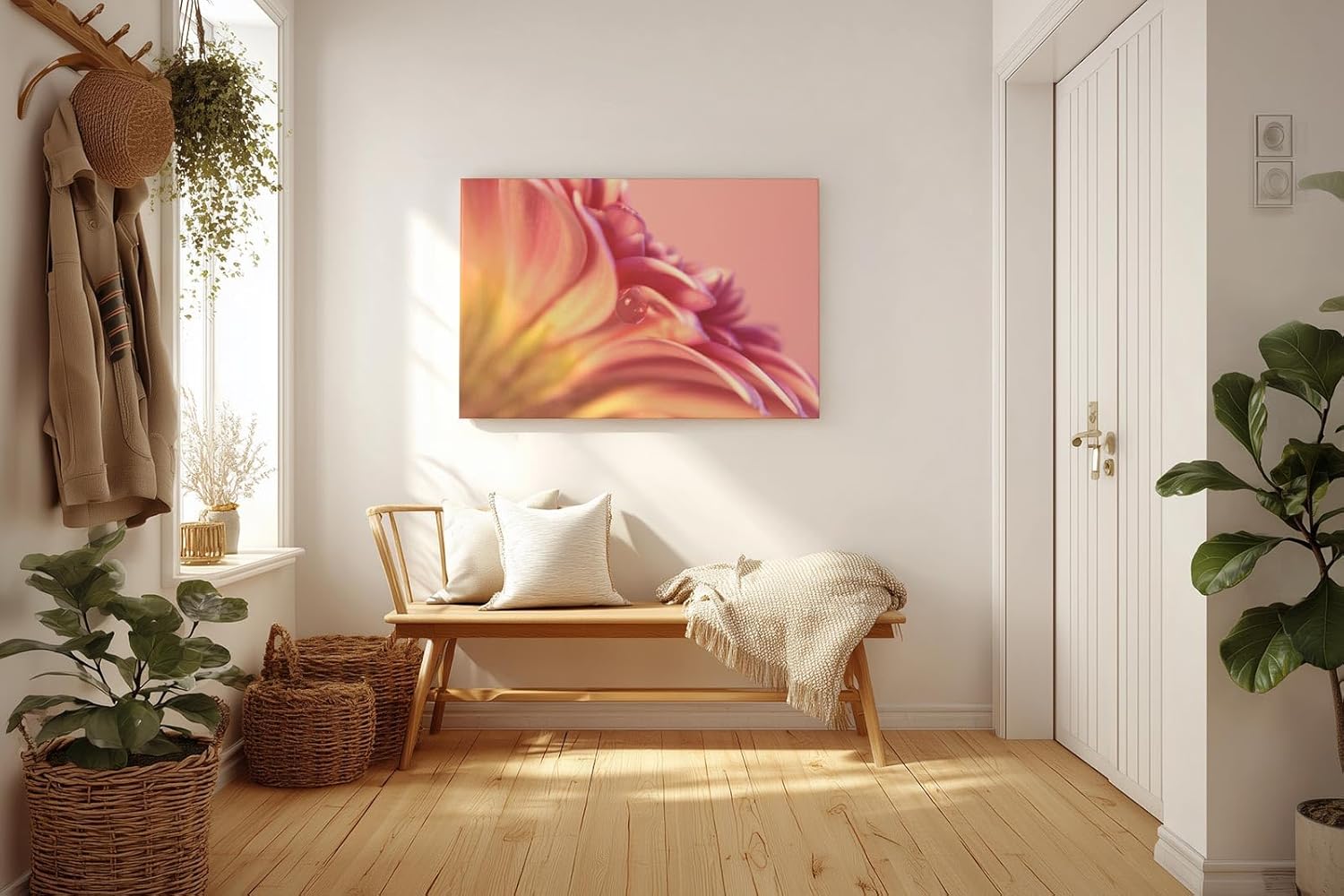 Sinus Art Wandbild 120x80cm Zartrosa Blütenstruktur mit transparentem Tautropfen – ruhig, romantisch und poetisch